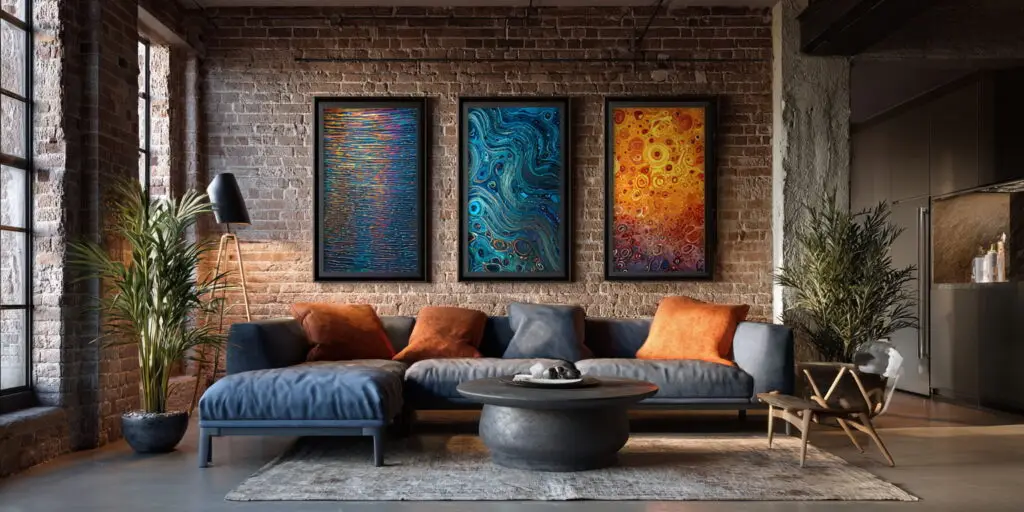 three pieces of art displayed above a sofa in a warehouse apartment
