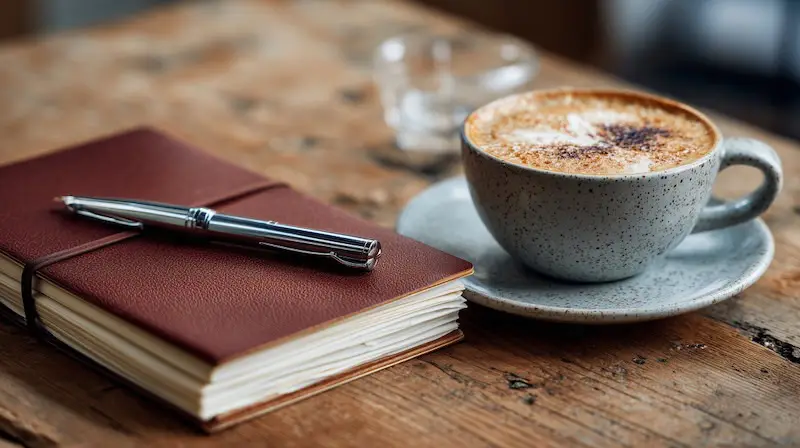 journal, pen and latte in a cafe