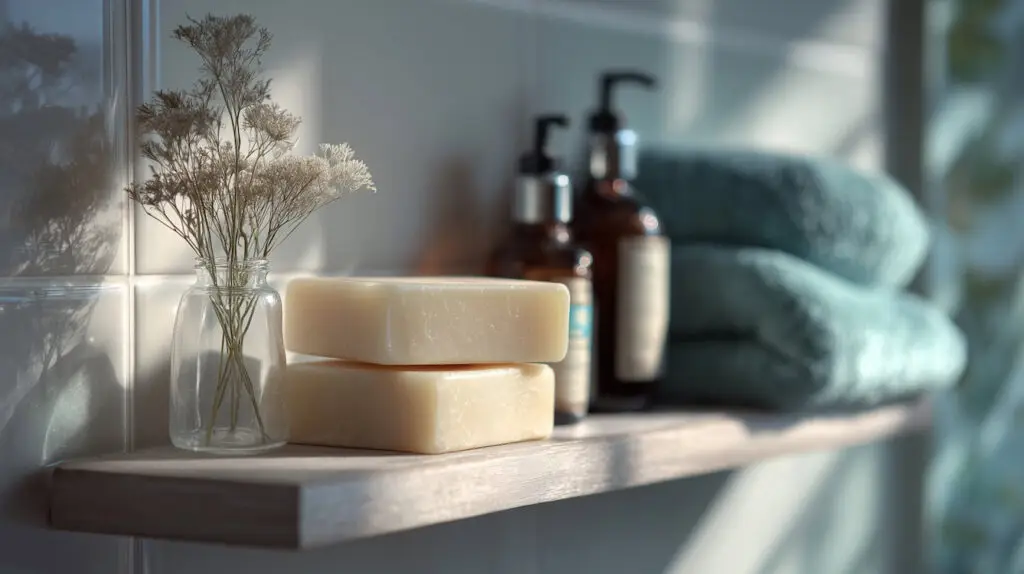 shampoo bars on bathroom shelf