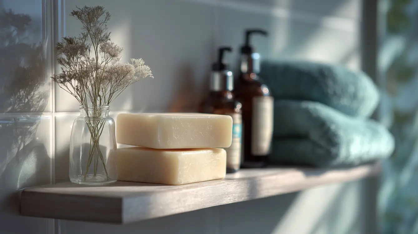 shampoo bars on bathroom shelf