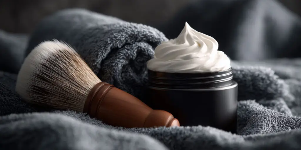 mens face shaving brush and pot of shaving cream with towel in bathroom