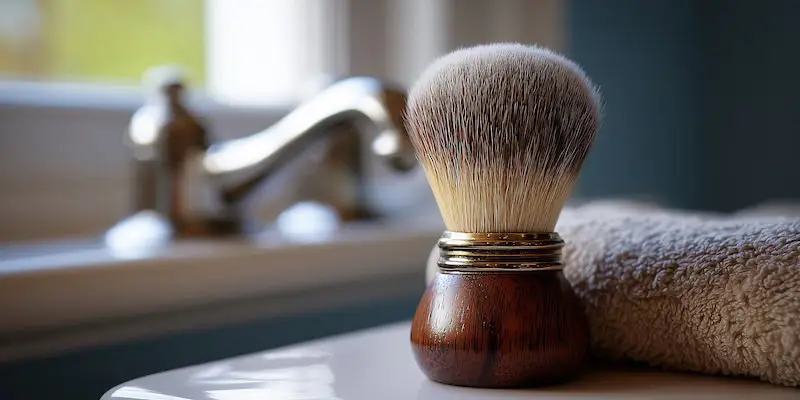wet shaving brush in bathroom