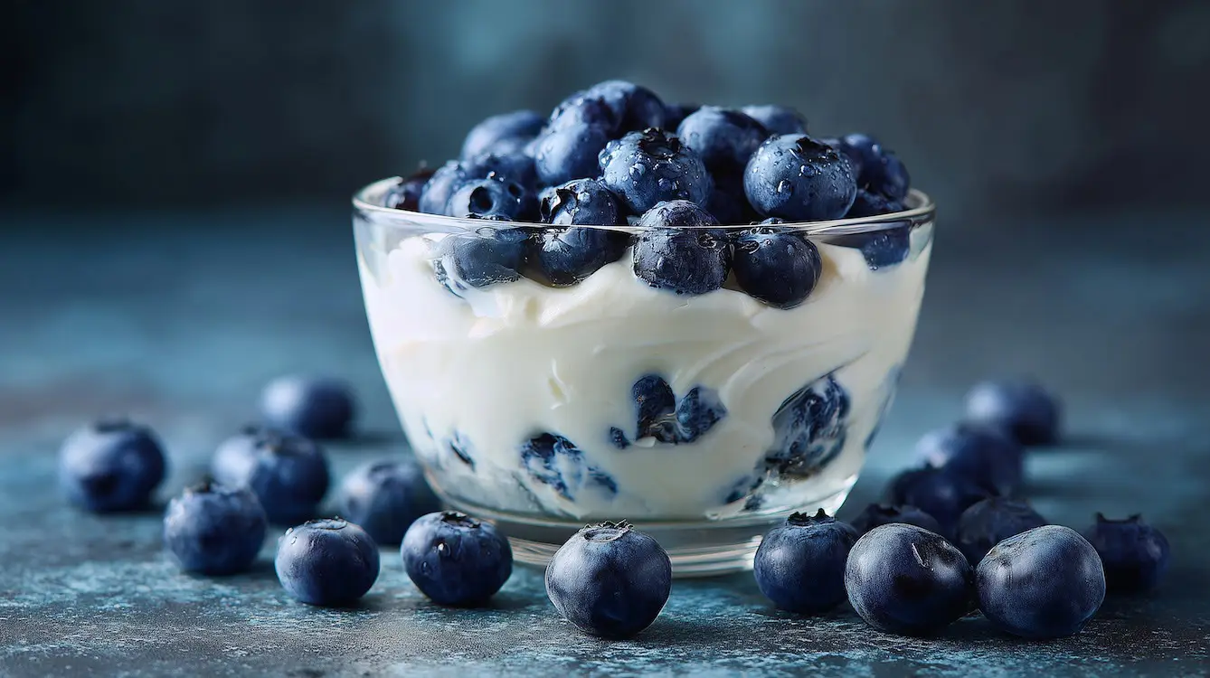greek yoghurt in glass bowl with blueberries on top