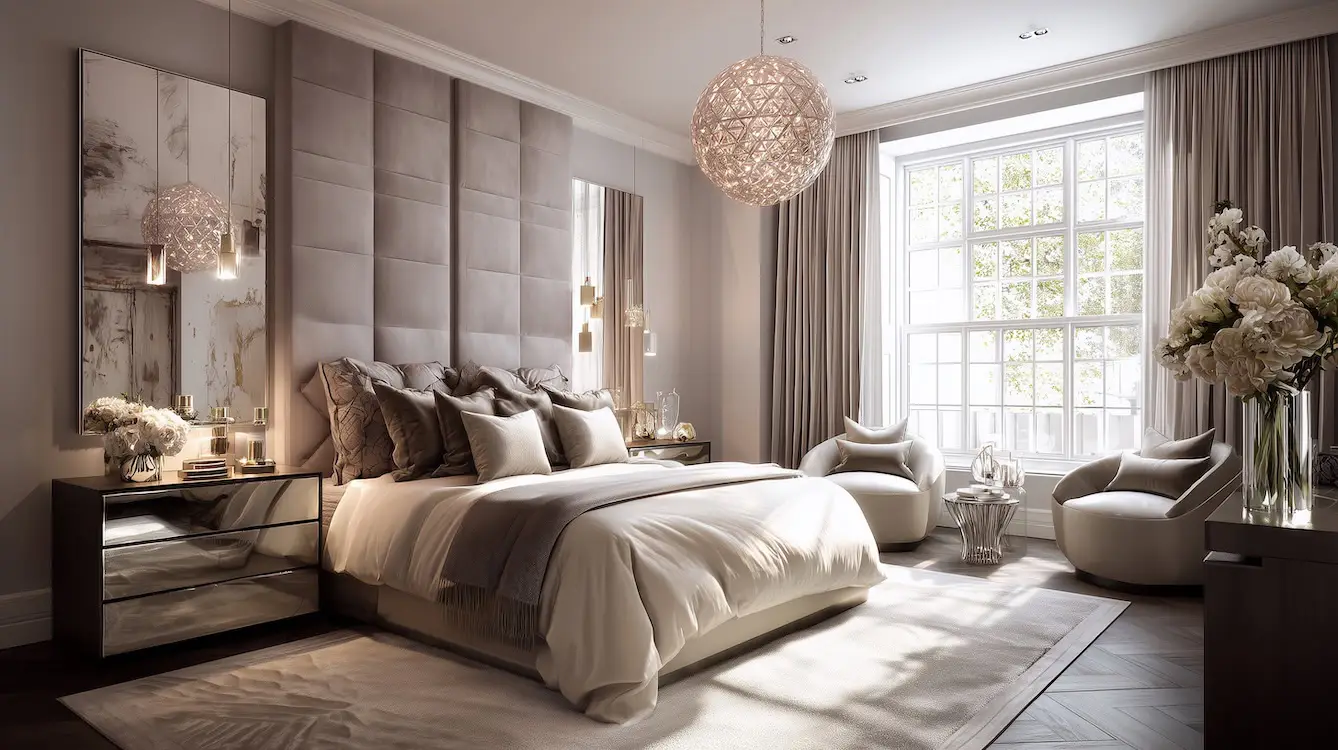 beautiful bedroom in natural tones, with large padded headboard above bed, two armchairs