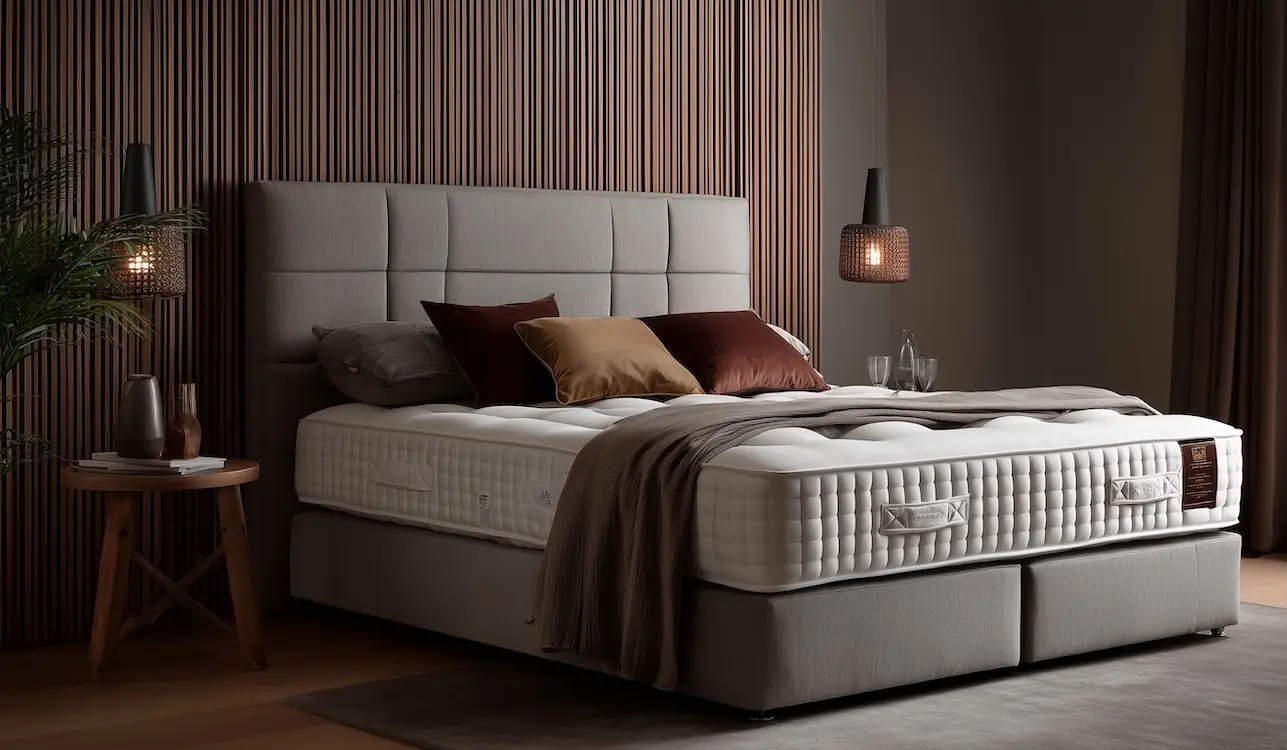 luxury mattress on a divan bed base with a throw and cushions set in a stylish bedroom
