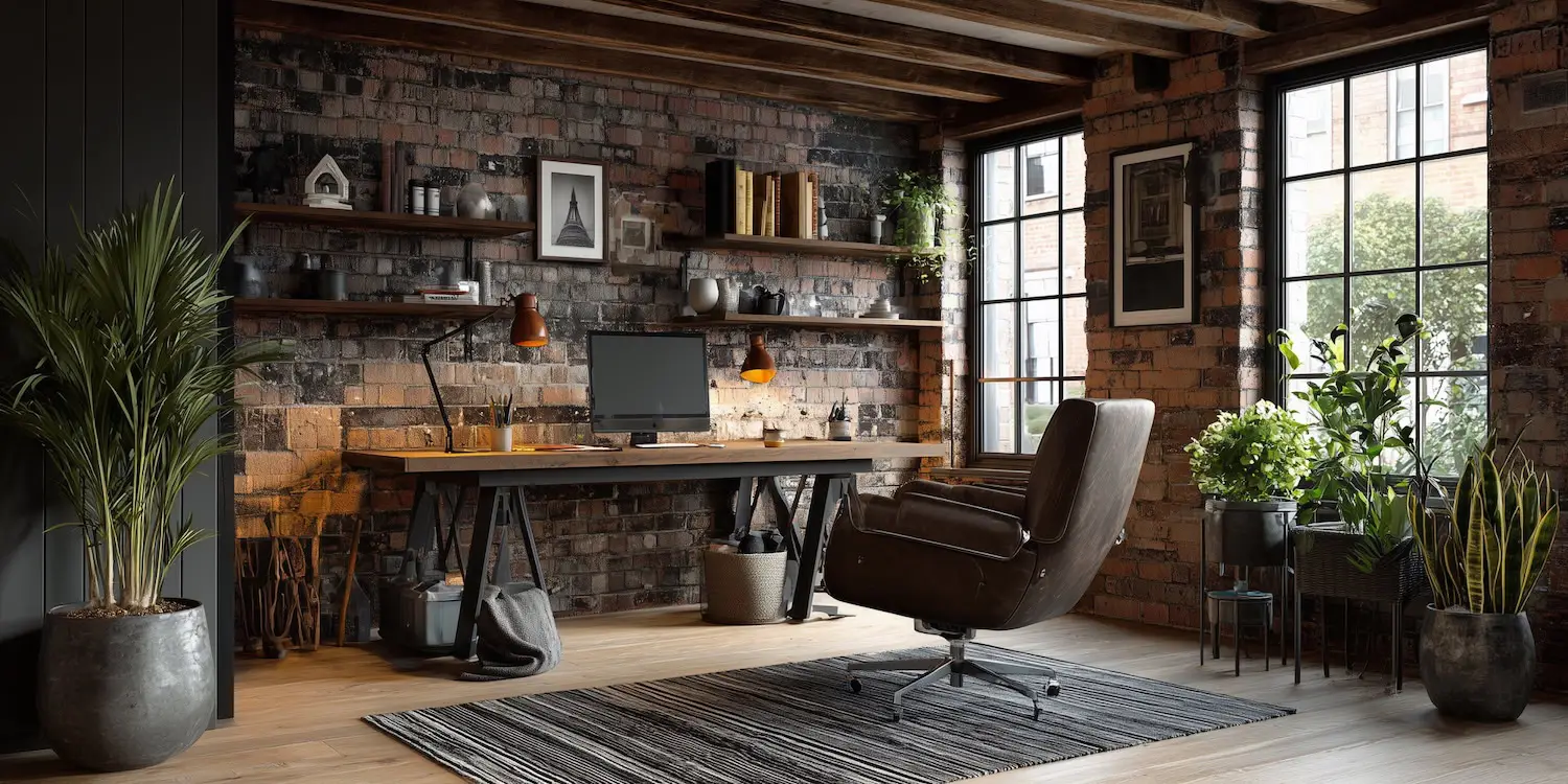 warehouse style home office with desktop computer, desk, office chair and brick walls