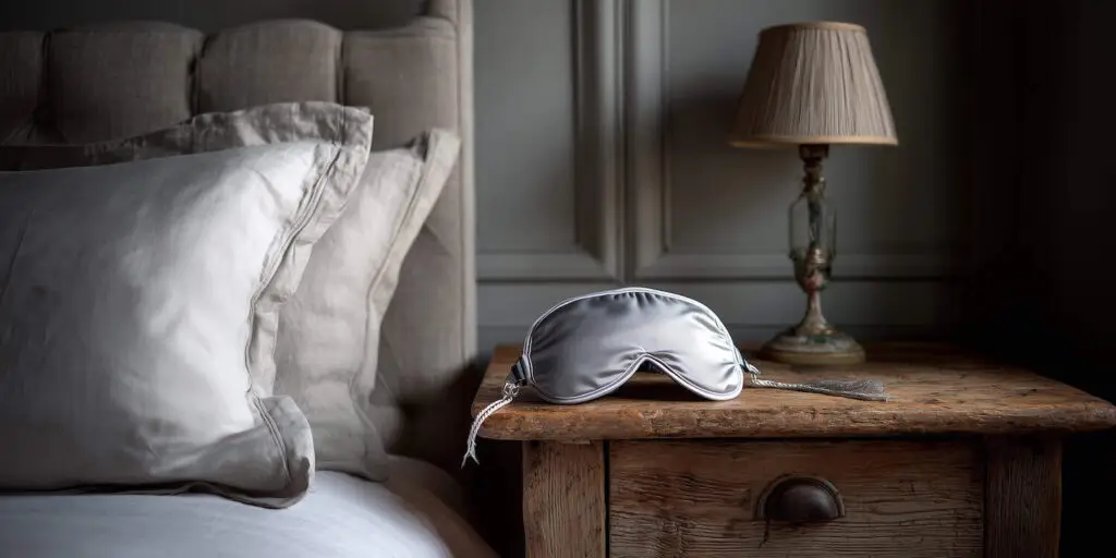 sleep mask on night stand in a beautiful bedroom