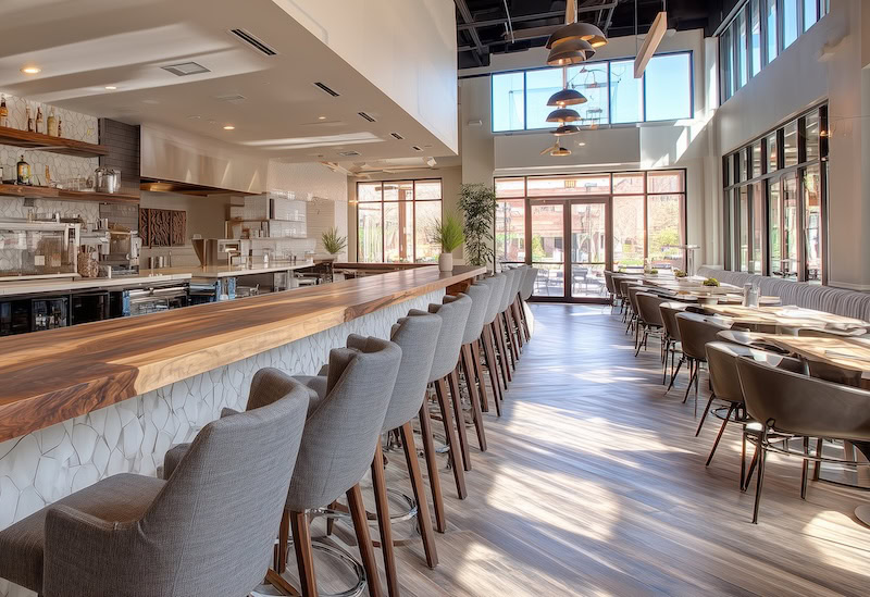 counter seating with stools in a contemporary restaurant for dining alone