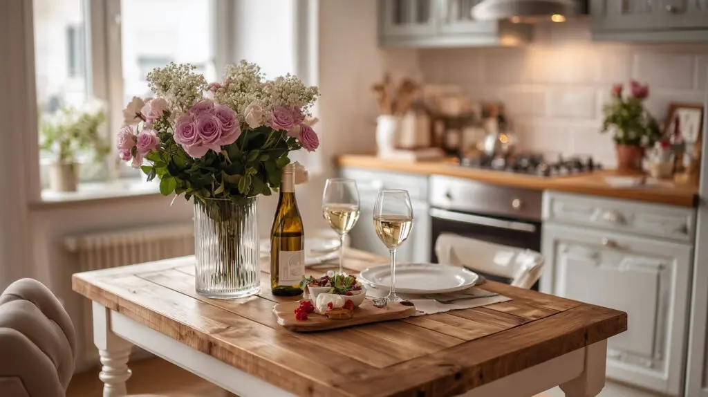 dining table in a contemporary kitchen set for a romantic meal for two people with nibbles board, wine and flowers