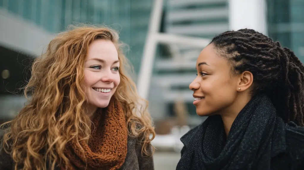two young females looking relaxed with each other outside