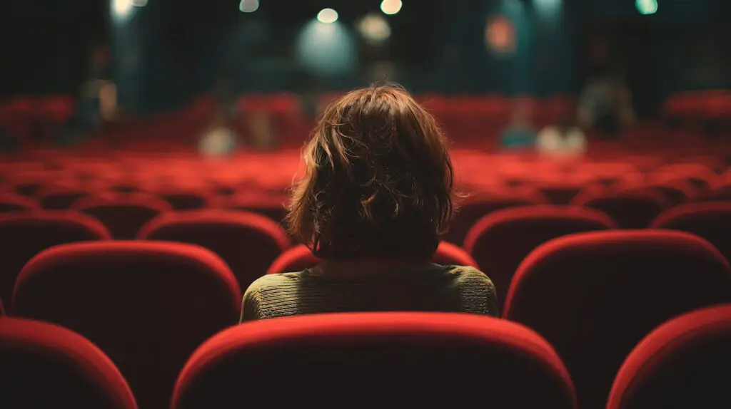 young lady sitting in a cinema watching a movie by herself