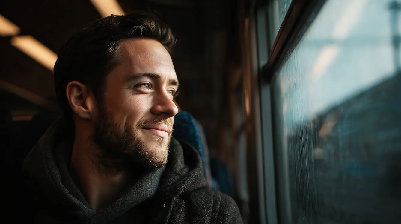 man looking out of a window on a train being mindful