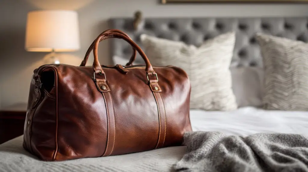 brown leather weekend bag on top of a bed in a contemporary bedroom