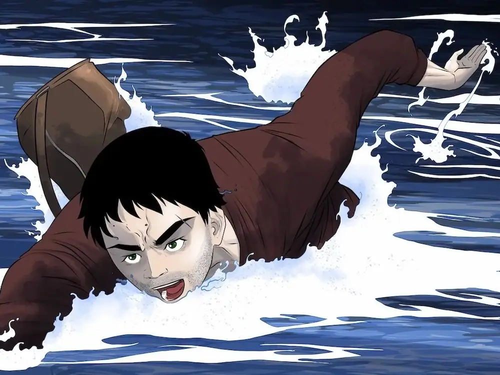 graphic novel image of man swimming in the sea