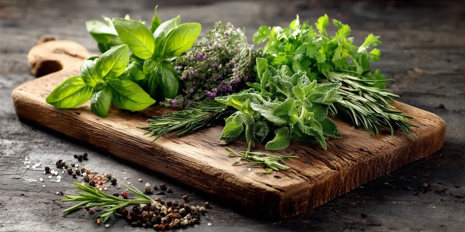 selection of fresh herbs on a chopping board