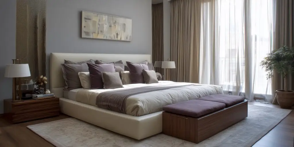 fully made up bed in tidy bedroom