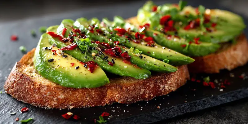 avocado slices on toast with chilli flakes