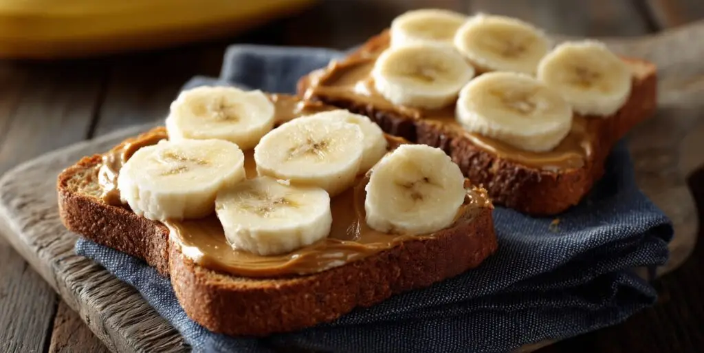 Healthy bread with nut butter and sliced bananas
