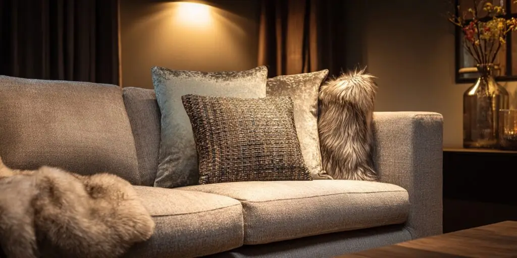 cosy home showing a sofa with a fake fur throw, tactile texured cushions and soft lighting