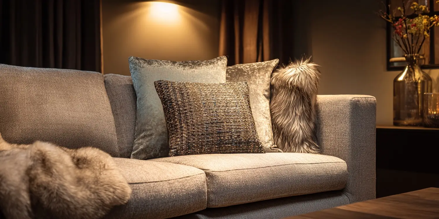 cosy home showing a sofa with a fake fur throw, tactile texured cushions and soft lighting