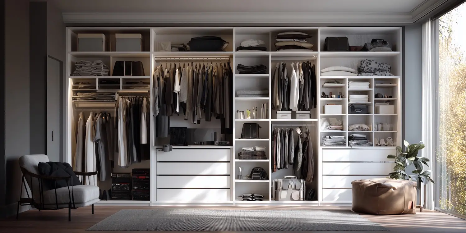 white organised wardrobe with no doors in a contemporary bedroom