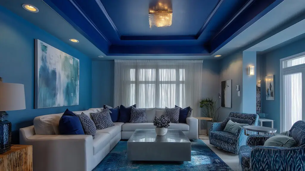 contemporary living room painted blue, colour capping with ceiling in darker blue shade than the walls
