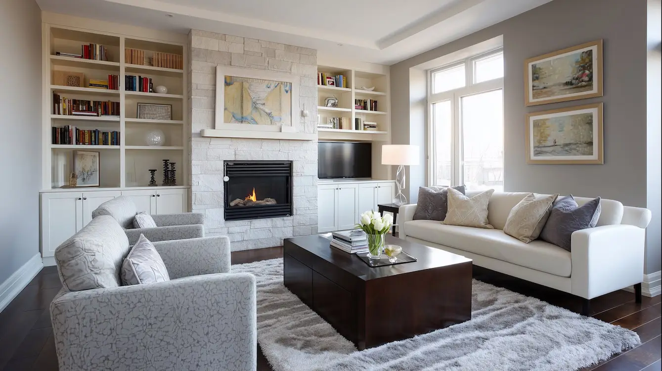 contemporary living room with a sofa and two armchairs, showing compact living