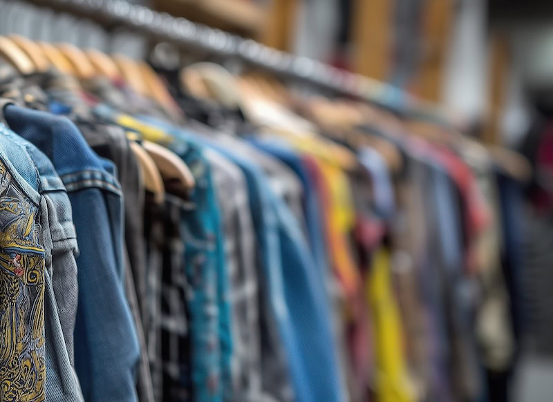 rail of clothing in a charity shop
