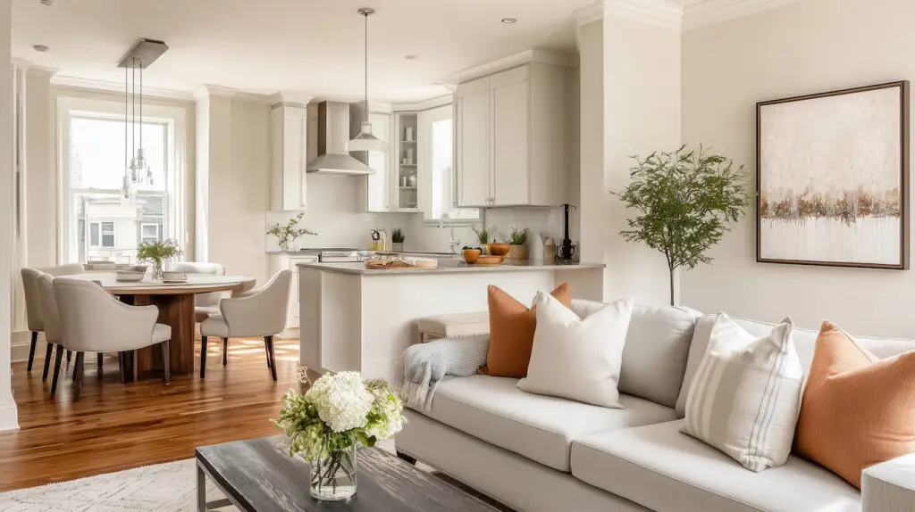 cosy compact light colour living room with open kitchen and dining area