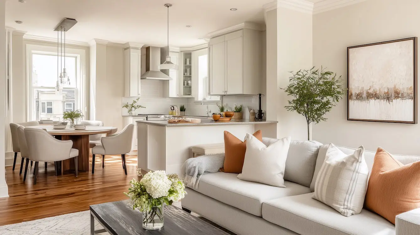 cosy compact light colour living room with open kitchen and dining area