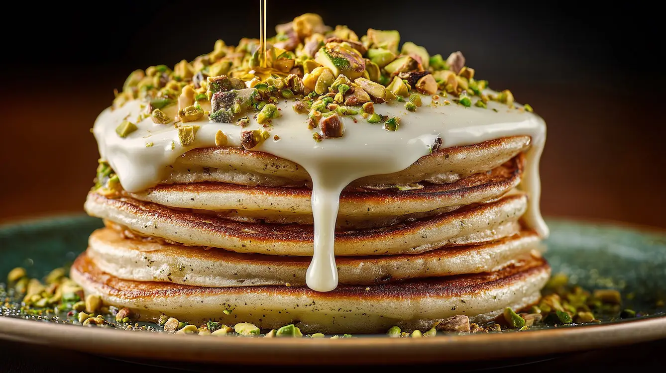 stack of pancakes with pistachio cream and chopped pistachios on top