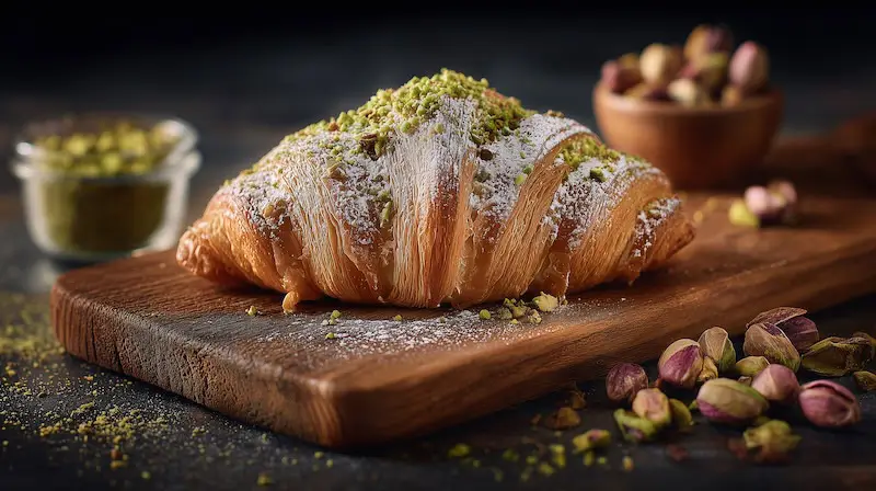 pistachio croissant on a wooden board