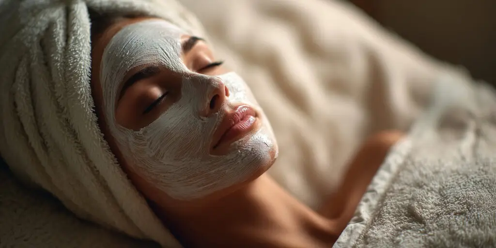 woman in beauty salon enjoying a face mask as she relaxed with a towel wrapped around her head
