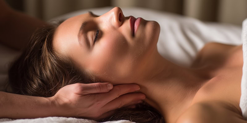 woman in beauty salon enjoying a neck massage by a beauty therapist