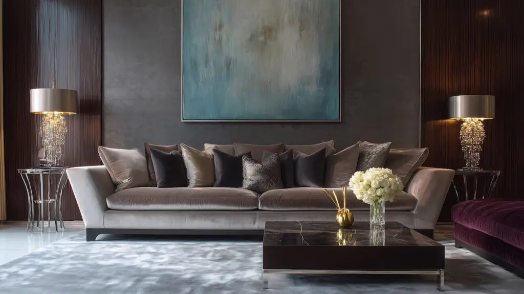 velvet sofa with cushions in stylish and elegant living room