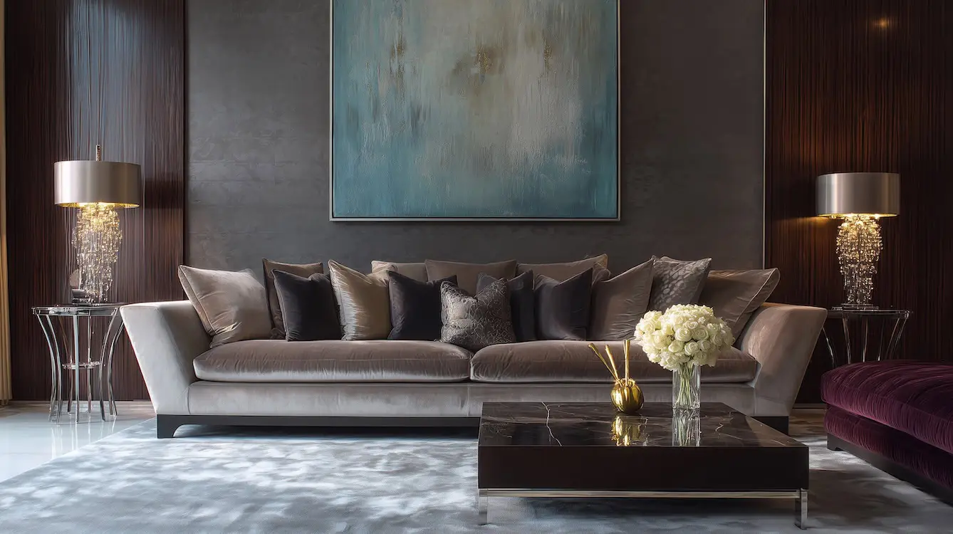 velvet sofa with cushions in stylish and elegant living room