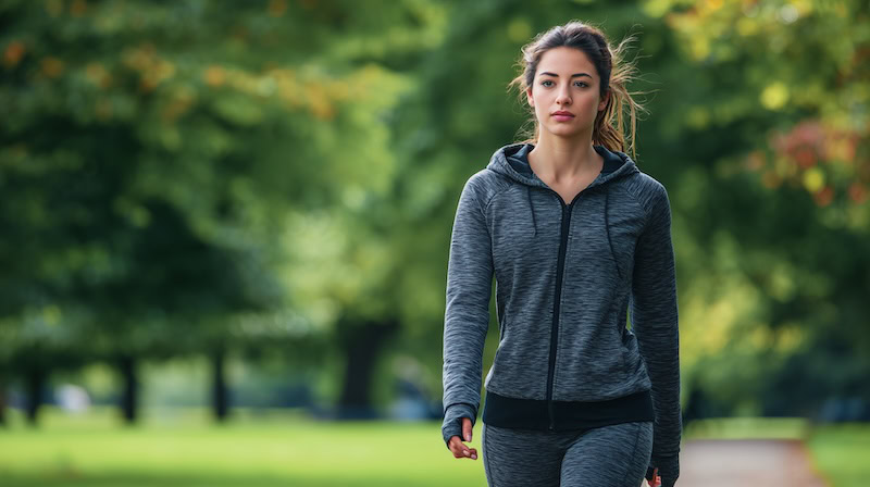 woman walking in park wearing loose sports clothing practising soft fitness