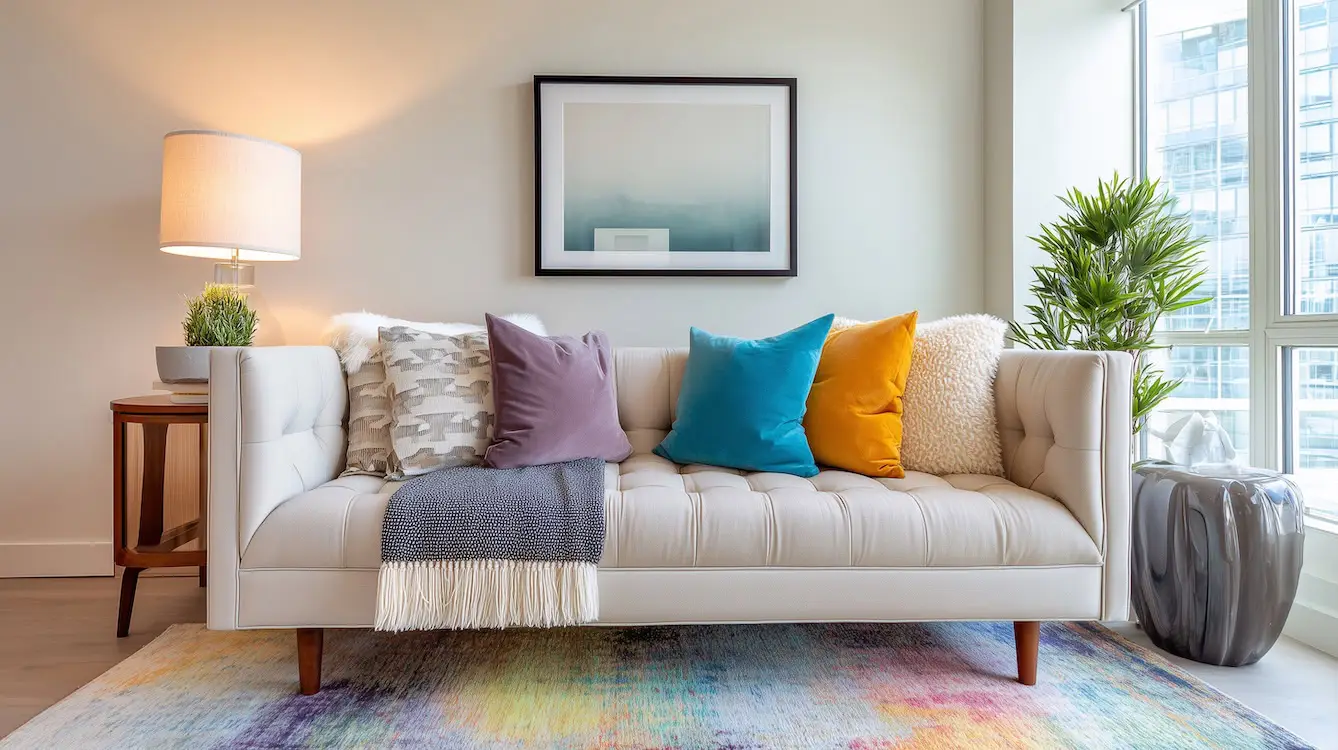 contemporary sofa with cushions, a throw, standing on a carpet in a contemporary rental apartment