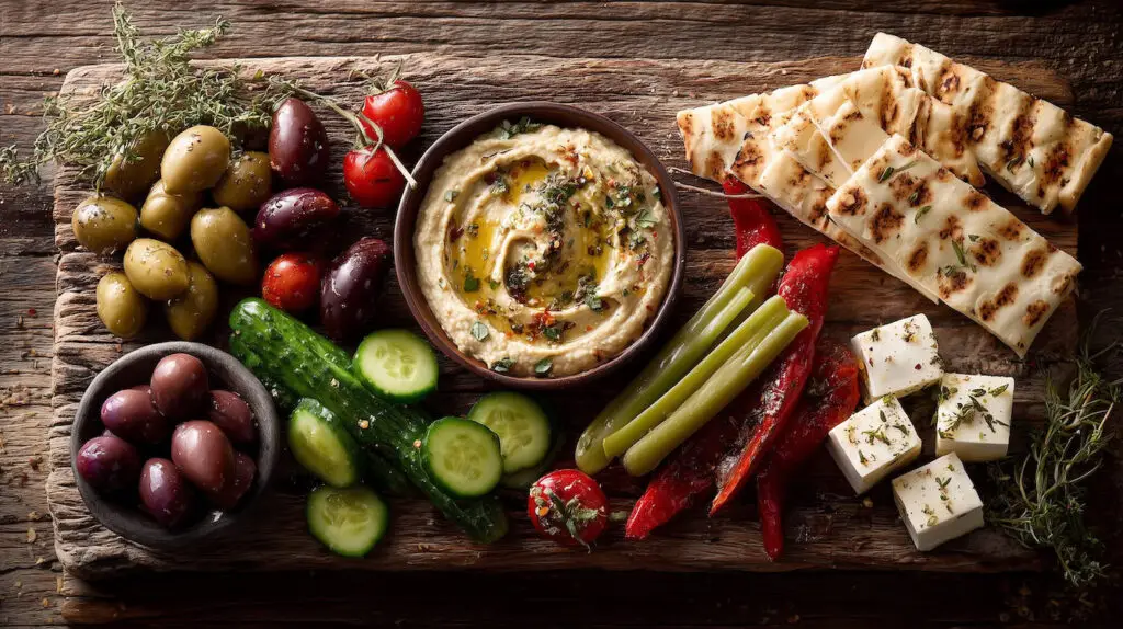 rustic style wooden chopping board with olives, hummus, flat bread, veggies is an easy mediterranean dinner party starter