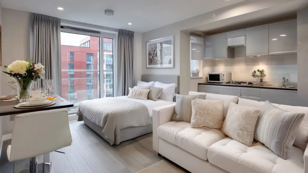 stylish neutral, light and airy studio apartment with bed, kitchen, dining table and sofa