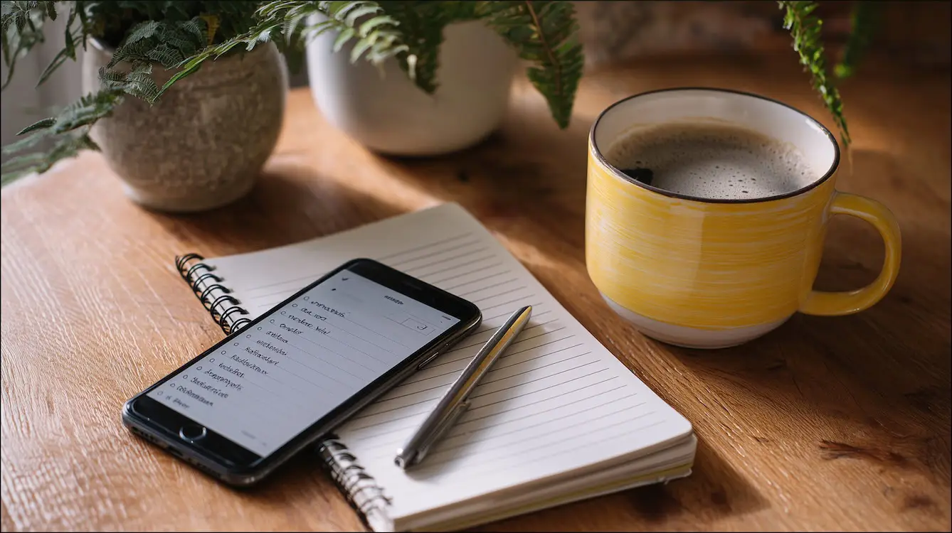mobile phone with to do list on top of note pad next to pen and mug of coffee