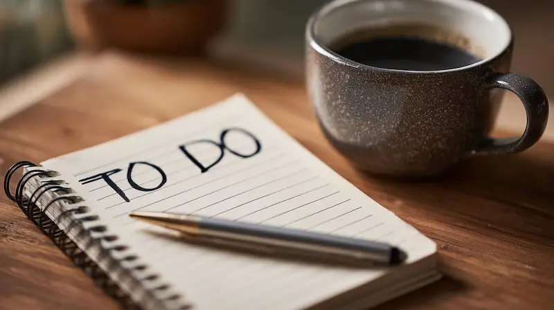 starting a to do list for personal life with note pad, pen and mug of black coffee
