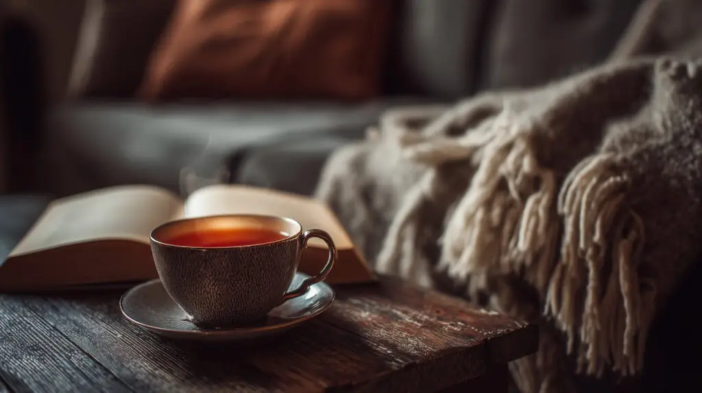 romantic novel open on a coffee table with cup of tea, cosy setting