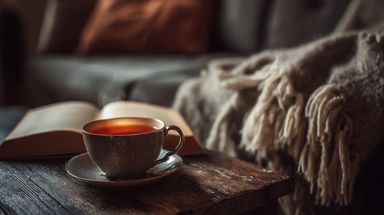 romantic novel open on a coffee table with cup of tea, cosy setting