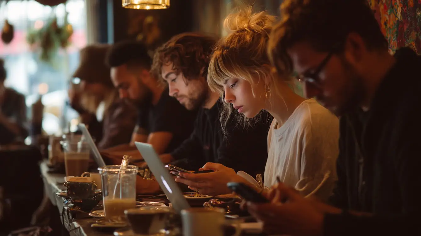 millenials working, using laptops, phones in a co workspace setting