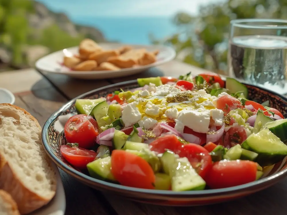 why everyone is going to albania feature image bowl of greek salad with a view of the sea