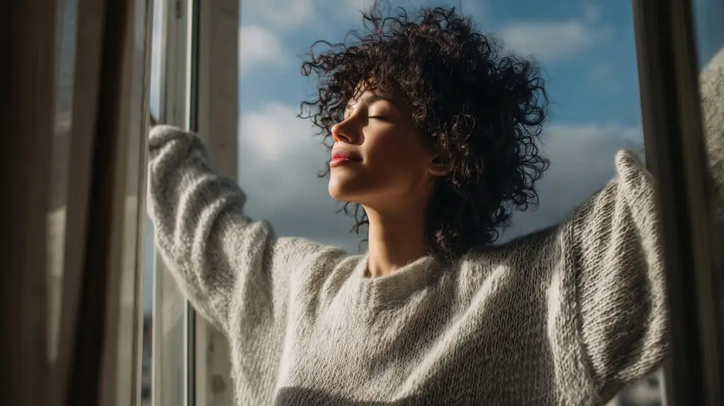 Woman starting her day by opening up the windows and breathing in fresh air