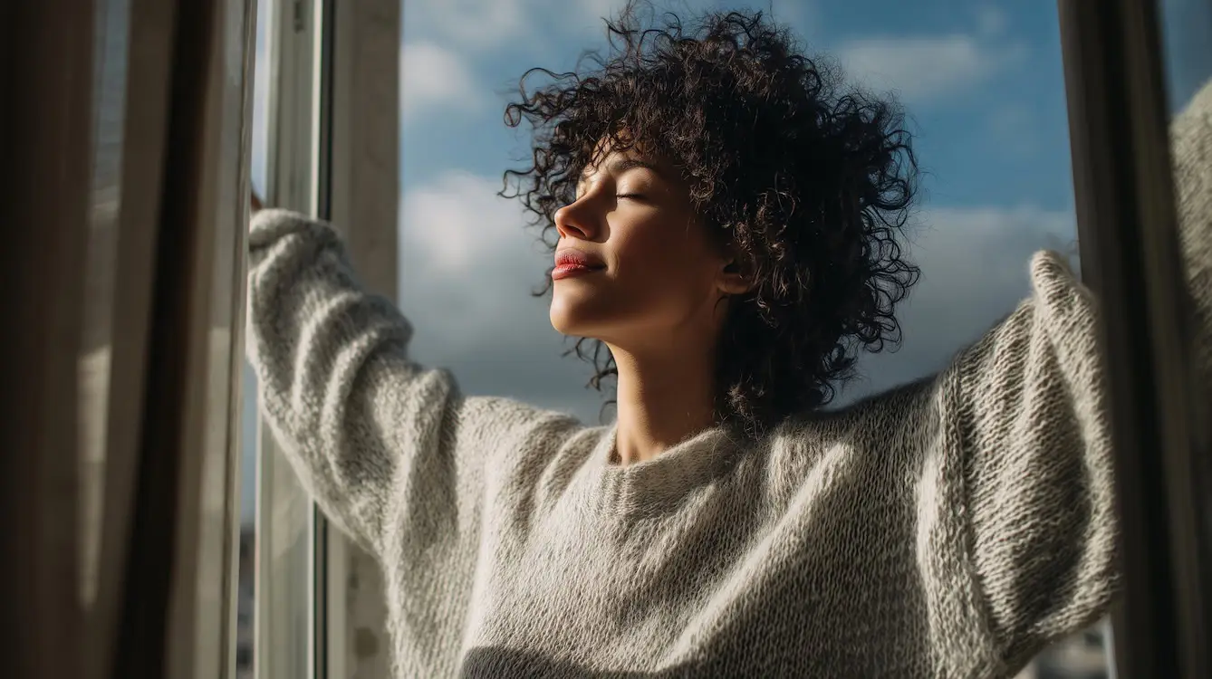 Woman starting her day by opening up the windows and breathing in fresh air