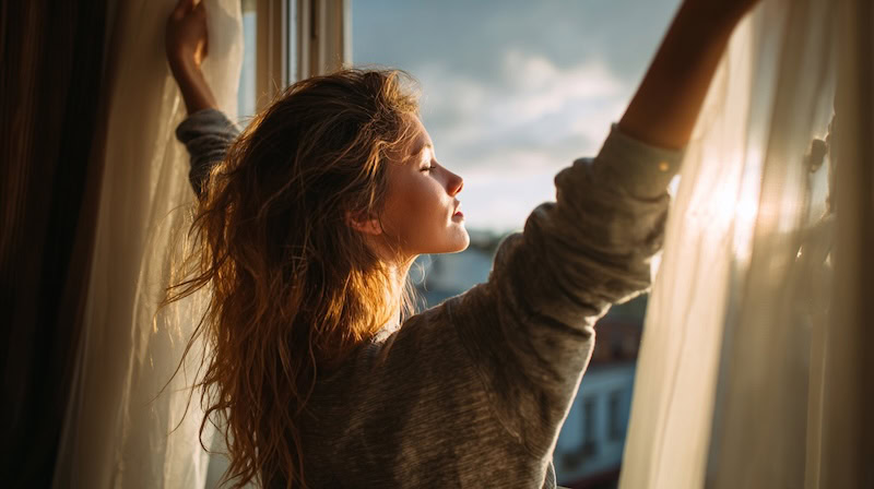 Easy Ways to Start Your Day Feeling Happy Opening Curtains In Morning, Woman Opening Curtains In Morning