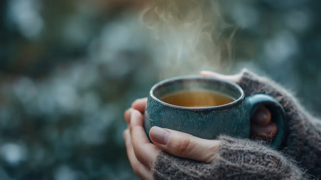 womans hands in knitted fingerless gloves around a steaming mug of tea outsideFeature Image